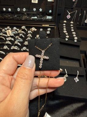 Delicate Gold Cross Necklace with Clear Stones - Women Jewelry